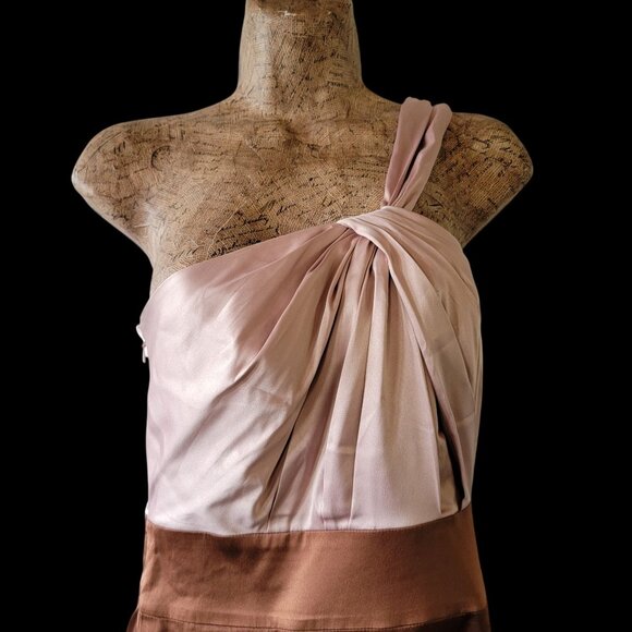 One-Shoulder Satin Midi Dress With Ruched Bodice In Blush Pink & Brown - Picture 2 of 12